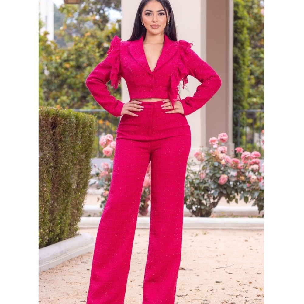 Chic Fuchsia Women's Crop Blazer Pants Set
